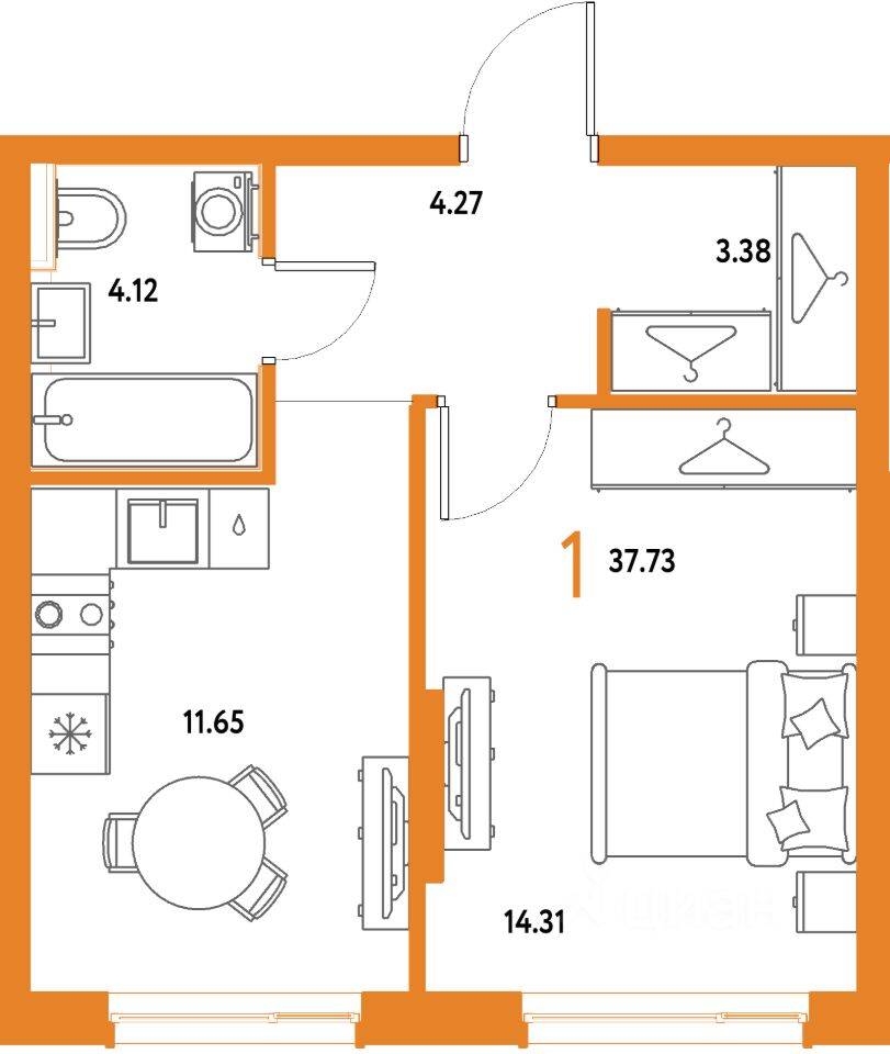 1-комн. квартира, 37,73 м², в ЖК Страна.Парковая