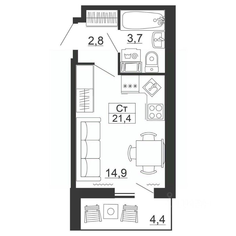 Планировка 1 комнатной квартиры, 21.4 м², в «Рубеж»