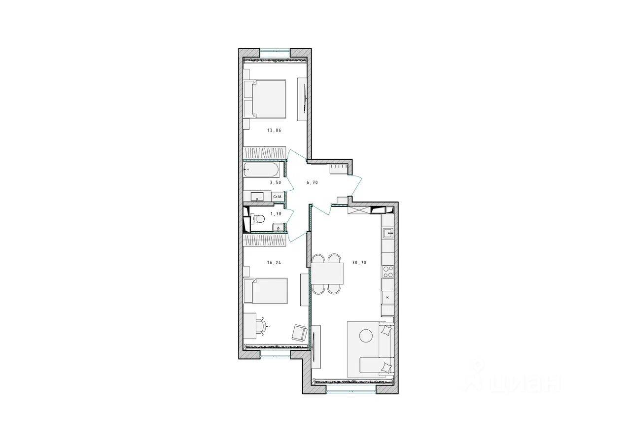 2-комн. квартира, 72,7 м², в ЖК Серебро