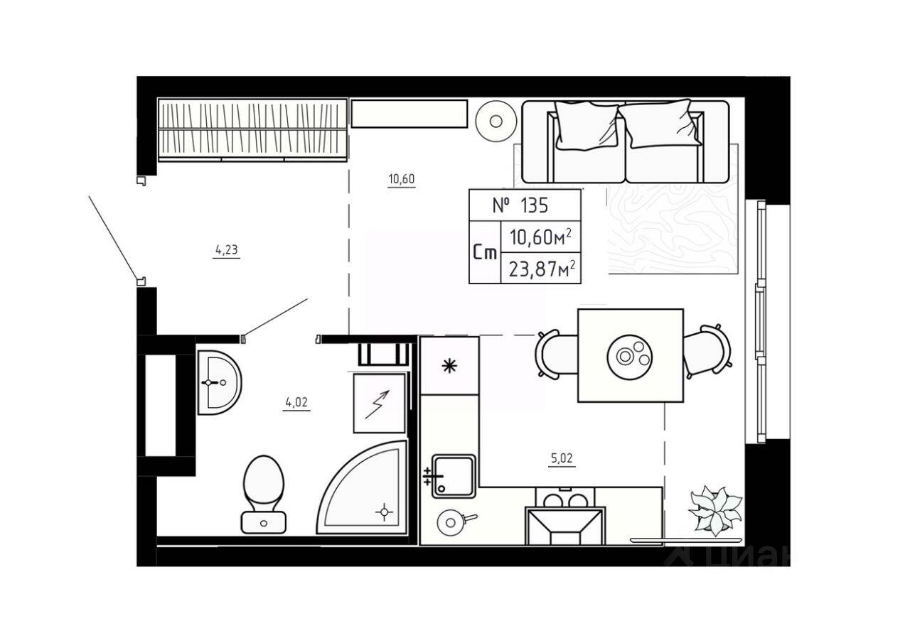 Планировка 1 комнатной квартиры, 23.87 м², в «Аннино Сити»