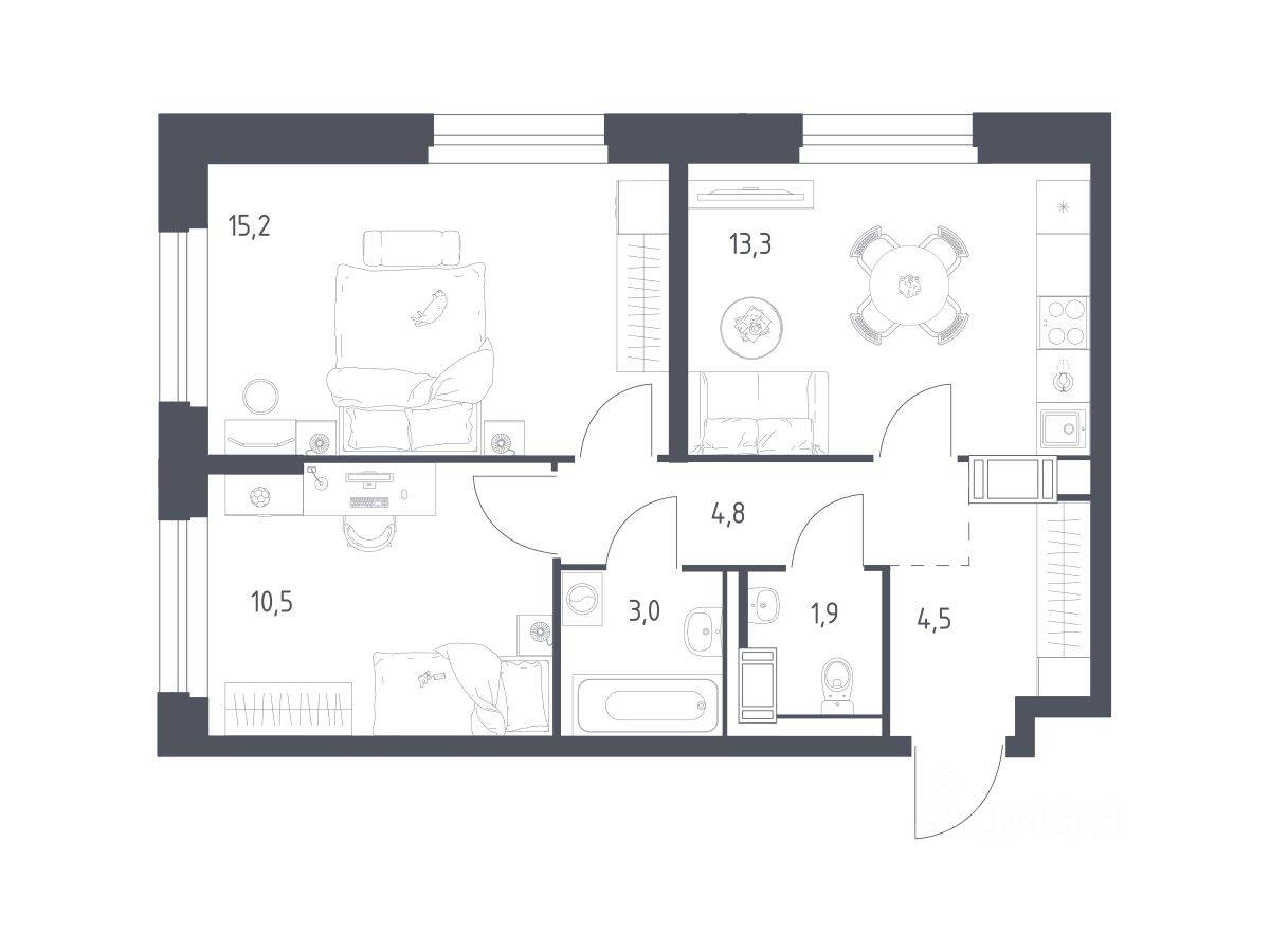 2-комн. квартира, 52,2 м², в ЖК Мытищи Парк