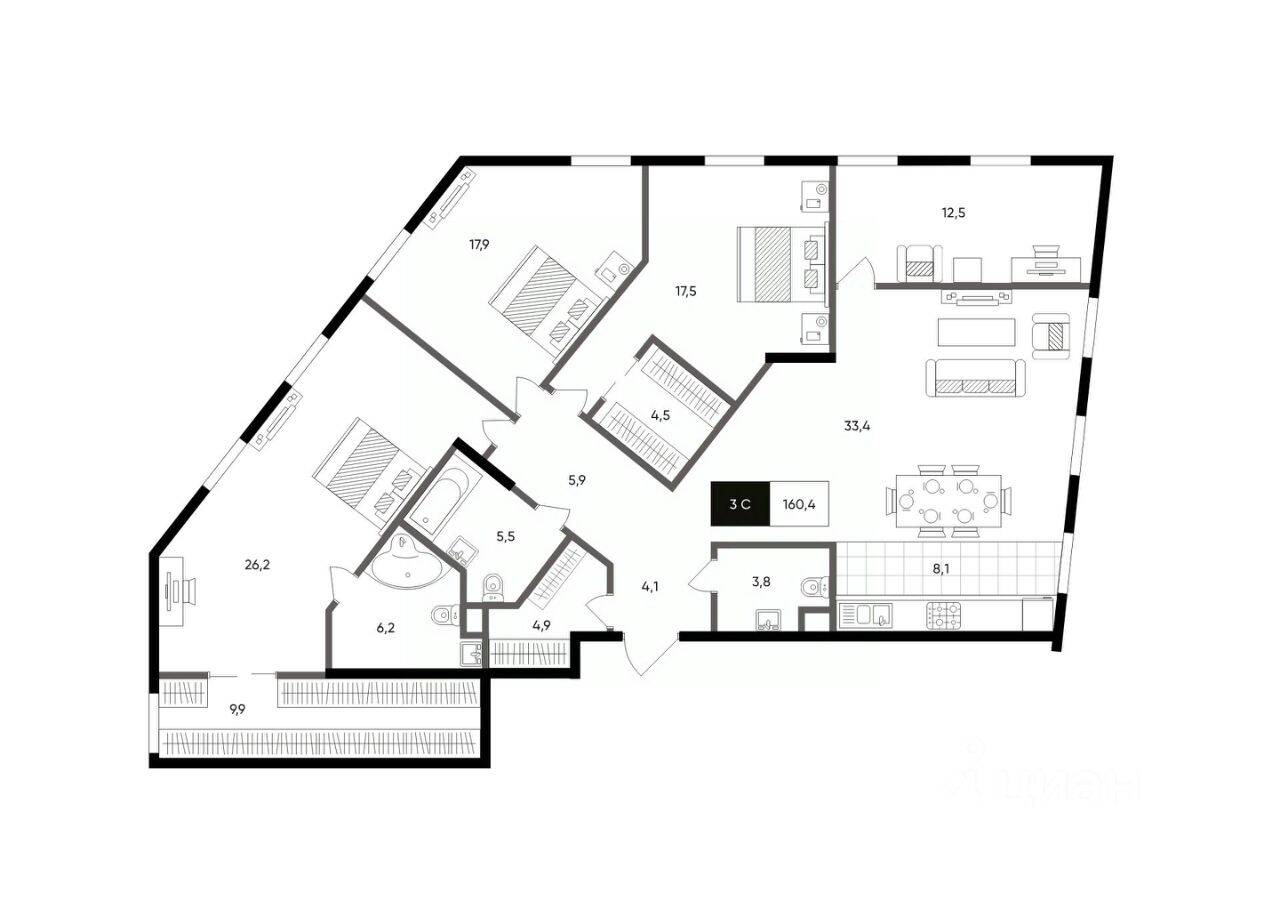 3-комн. квартира, 160,4 м², в МФК Titul на Серебрянической