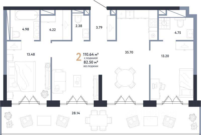 2-комн. квартира, 110,64 м², в ЖК Republic