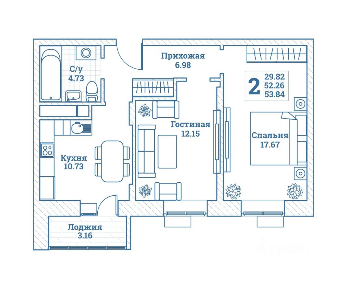 2-комн. квартира, 53,84 м², в ЖК Новоград Монино