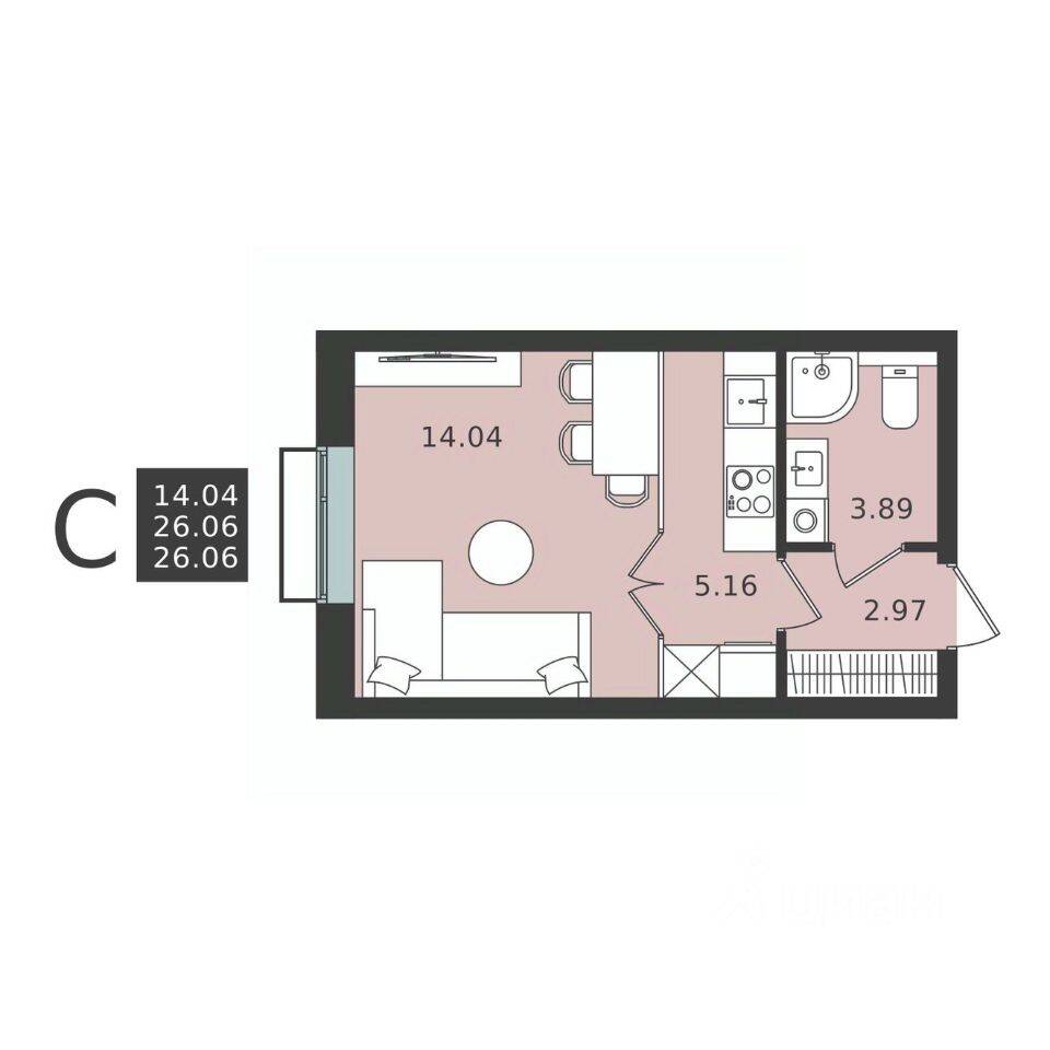 Планировка 1 комнатной квартиры, 26.06 м², в «Мишино-2»