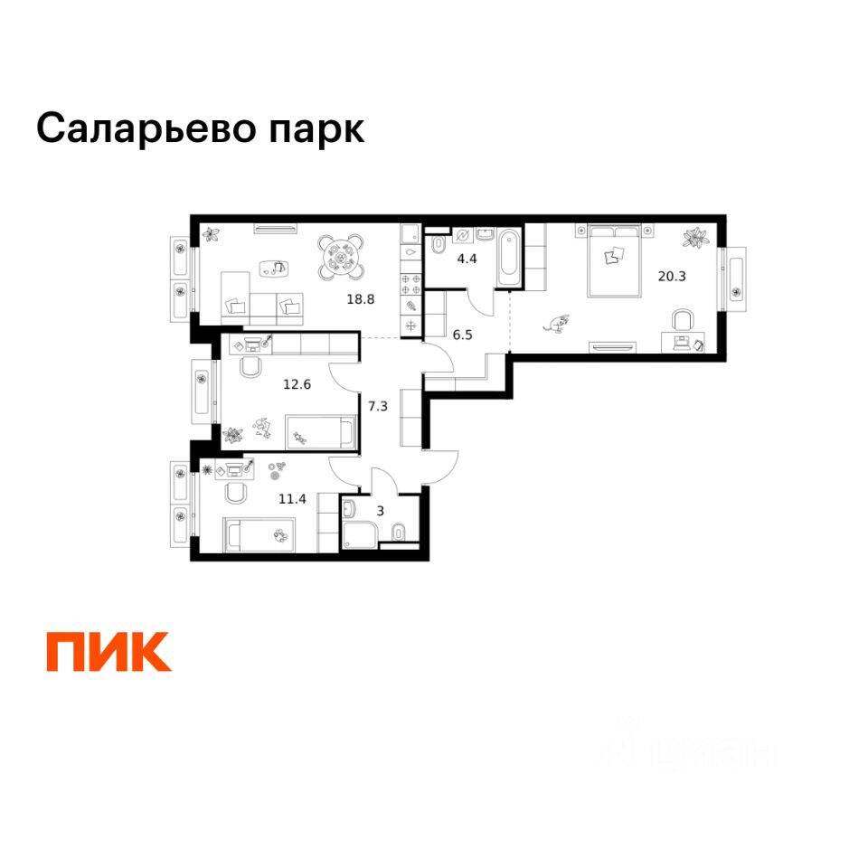 3-комн. квартира, 84,3 м², в ЖК «Саларьево парк»