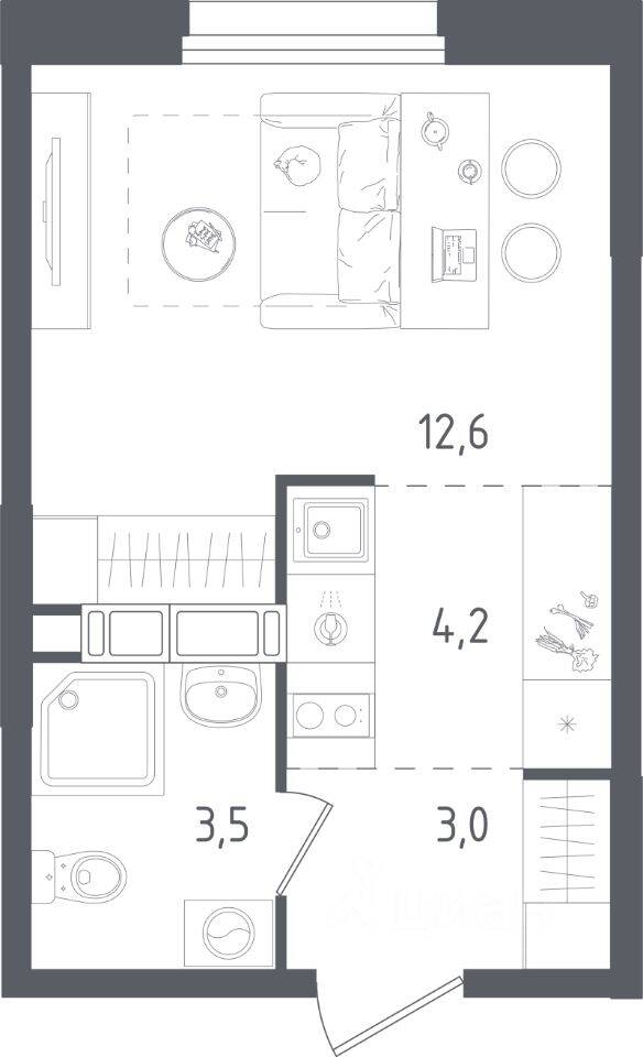 Планировка 1 комнатной квартиры, 23.3 м², в «Ольховый Квартал»