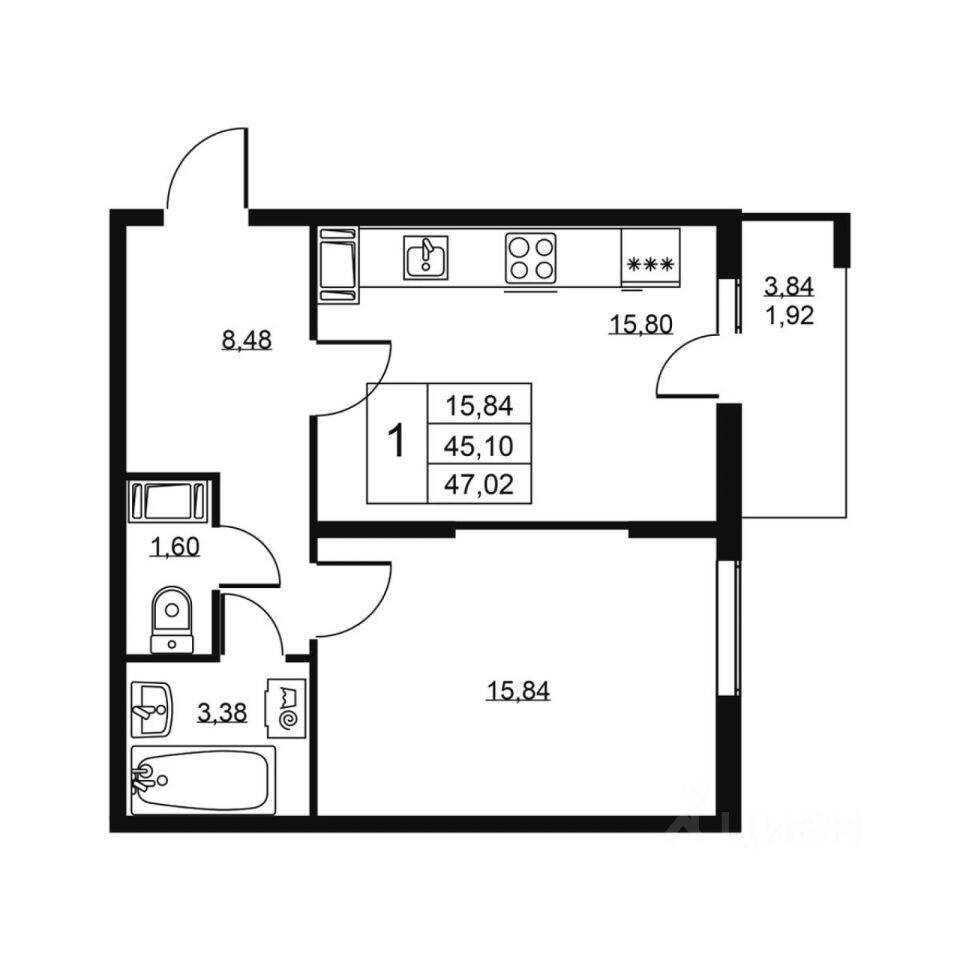 1-комн. квартира, 47,02 м², в ЖК «Высота» (Бугры)