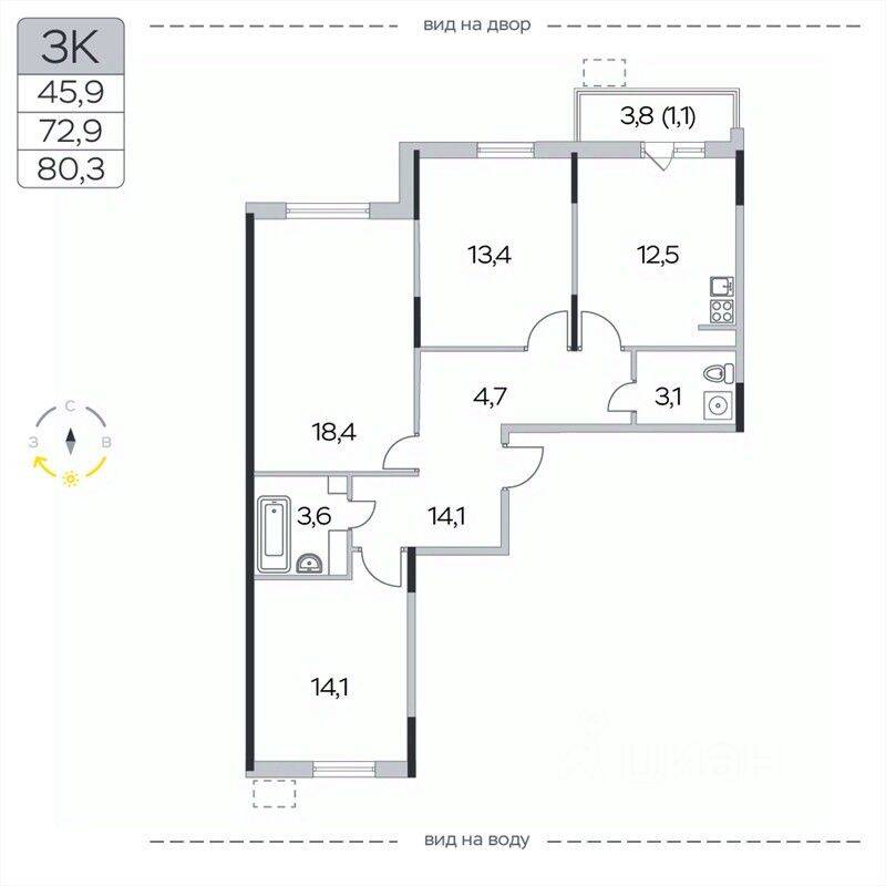 3-комн. квартира, 80,3 м², в ЖК «Пироговская Ривьера»