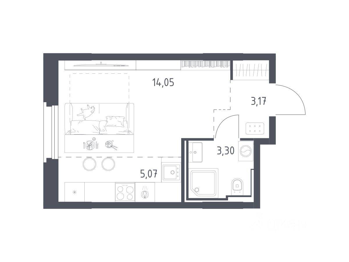 Планировка 1 комнатной квартиры, 25.59 м², в «Квартал Строгино»