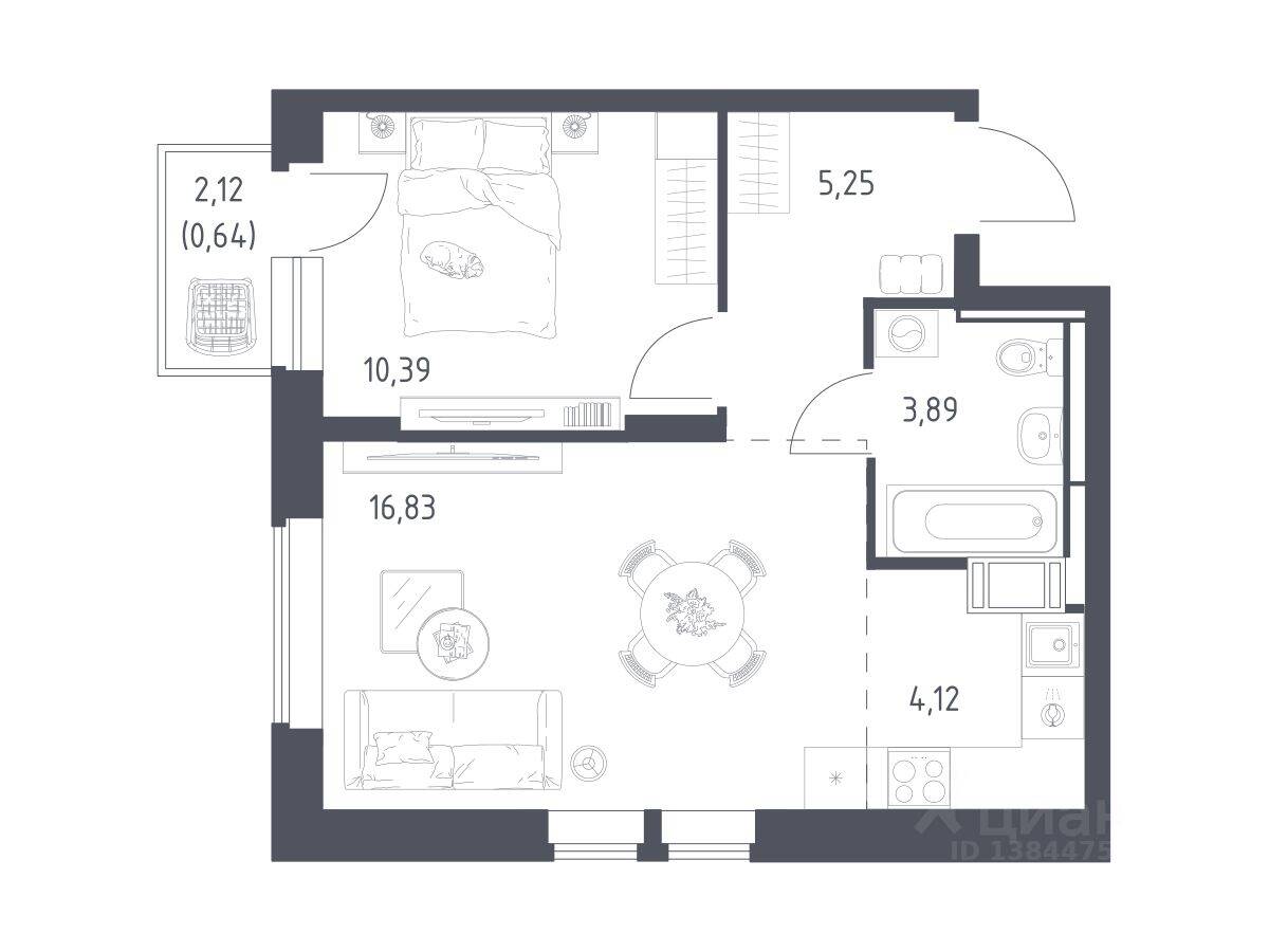 1-комн. квартира, 41,12 м², в ЖК «Большое Путилково»