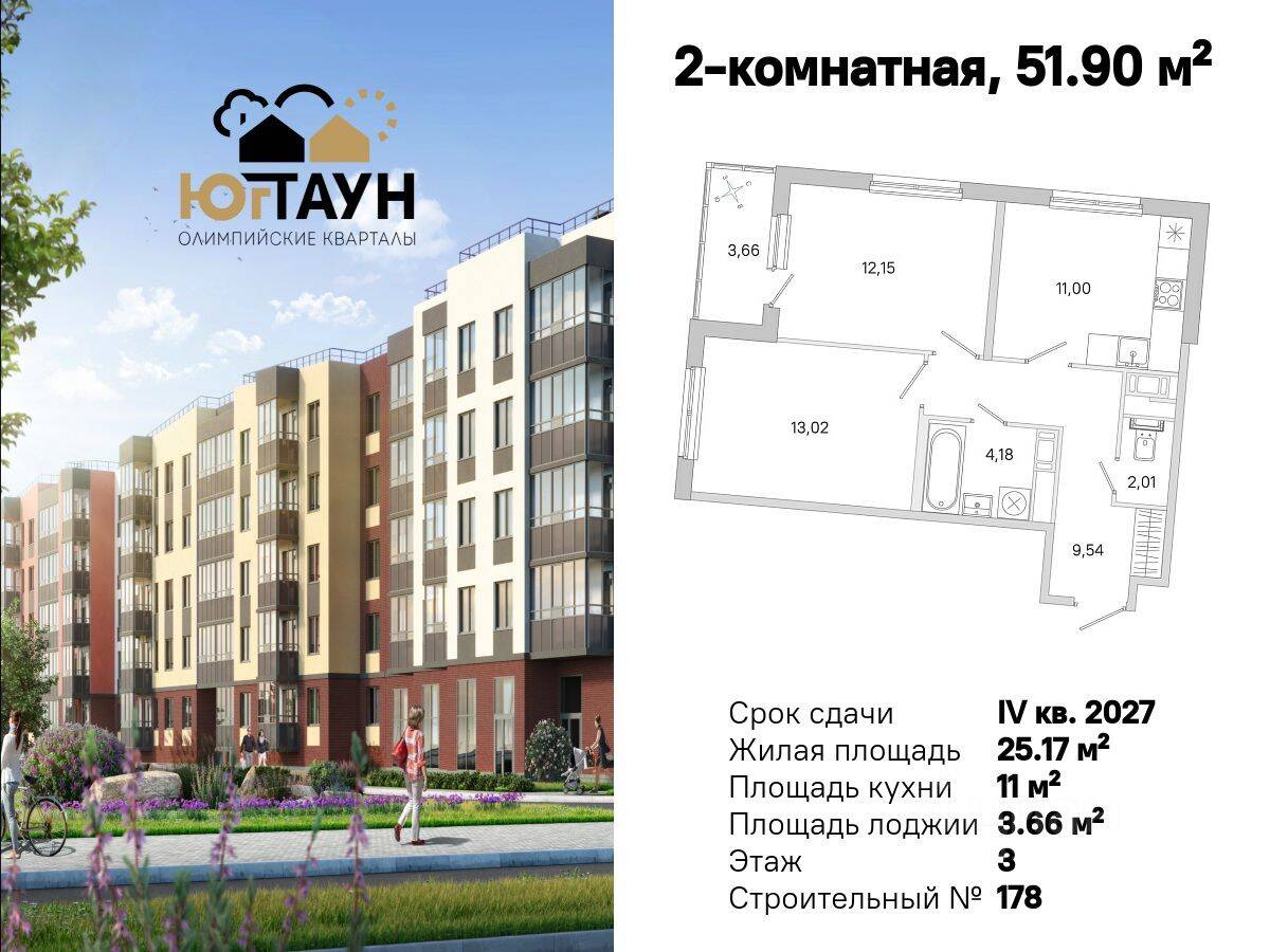 2-комн. квартира, 51,9 м², в ЖК «Югтаун. Олимпийские кварталы»