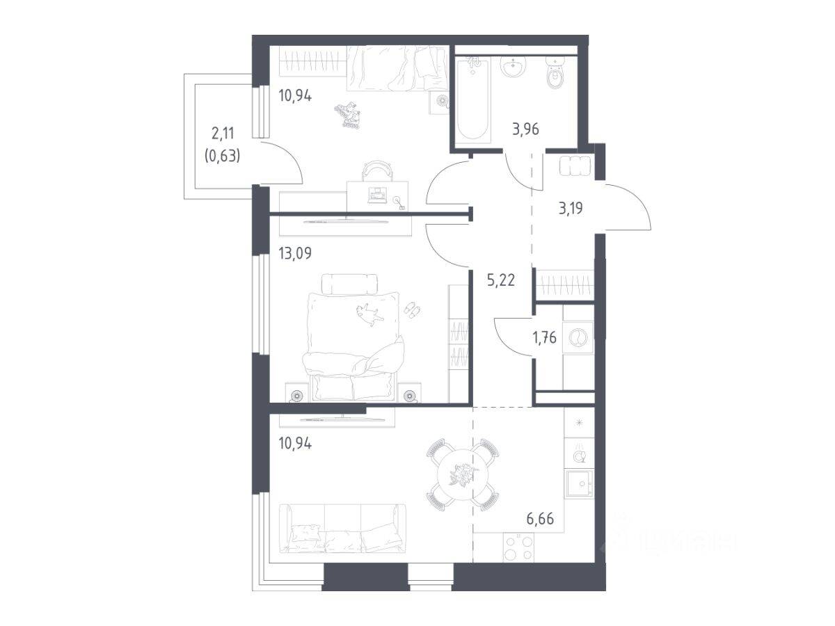 2-комн. квартира, 56,39 м², в ЖК «Пригород Лесное»