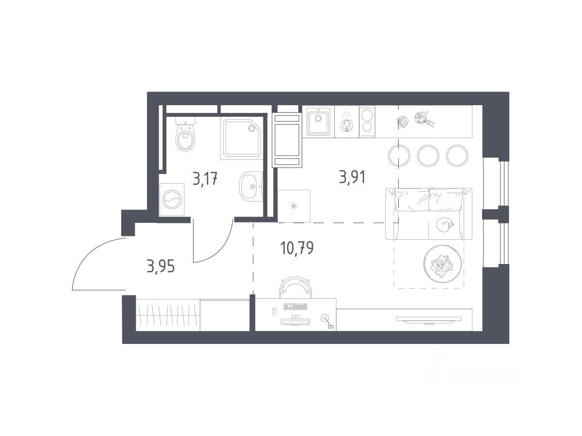 Планировка 1 комнатной квартиры, 21.82 м², в «Большое Путилково»