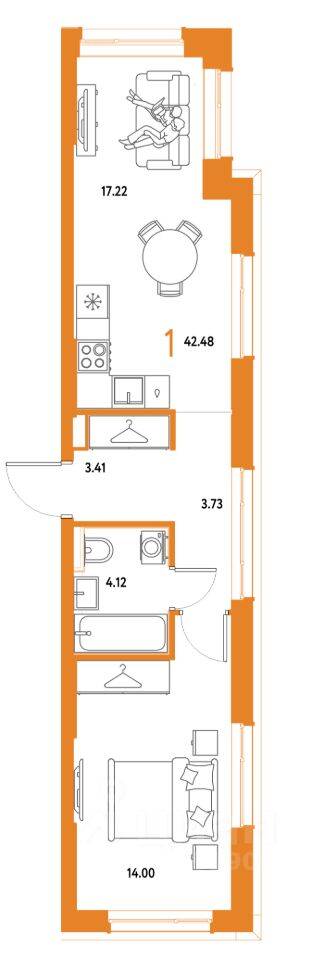 1-комн. квартира, 42,48 м², в ЖК Страна.Парковая