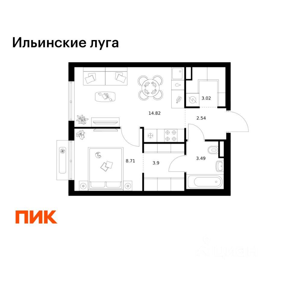 1-комн. квартира, 36,48 м², в ЖК «Ильинские луга»