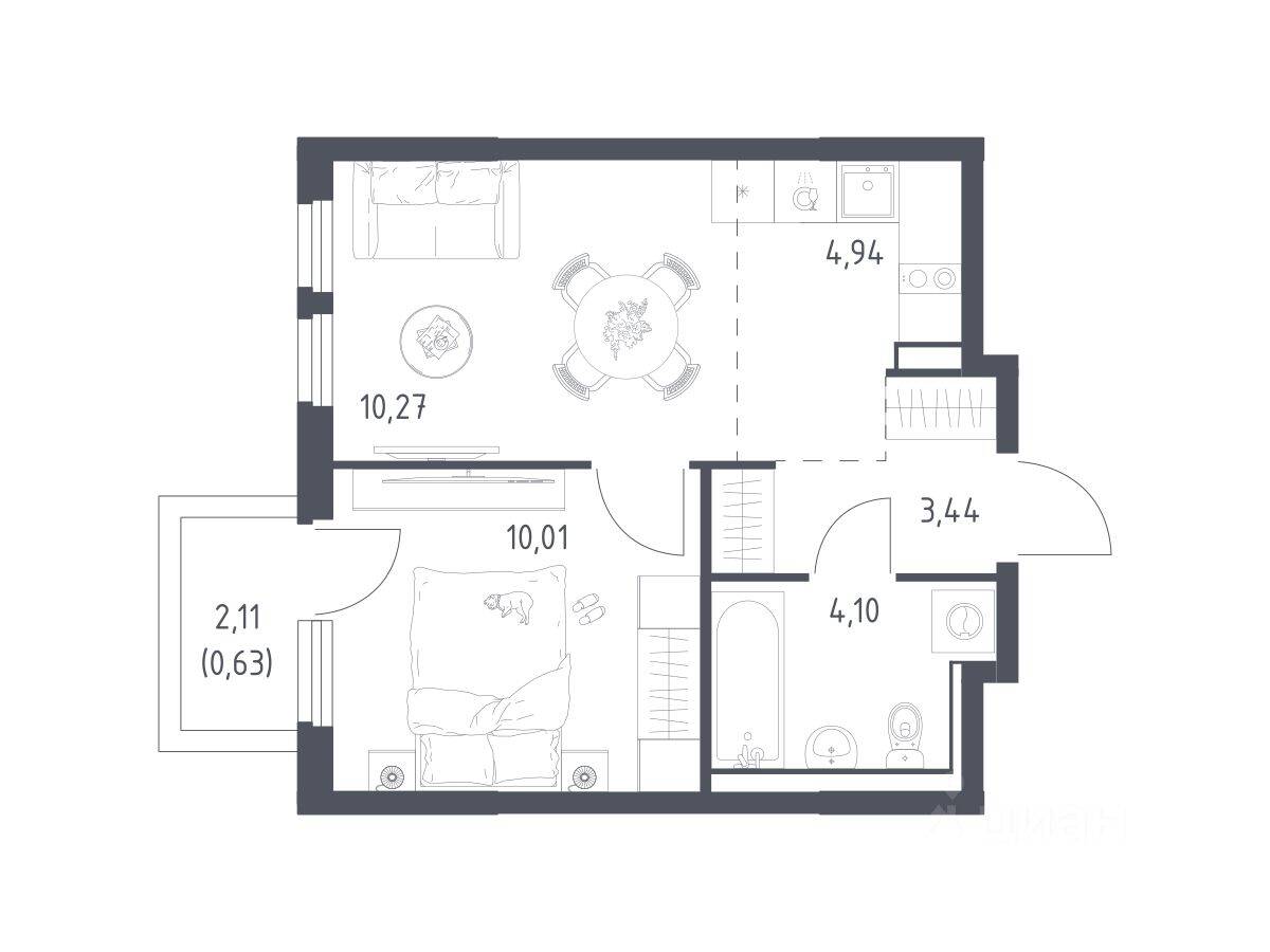 1-комн. квартира, 33,39 м², в ЖК «Пригород Лесное»
