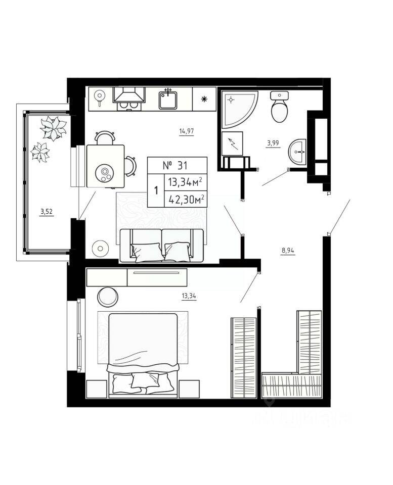 1-комн. квартира, 42,13 м², в Малоэтажный ЖК Аннино Сити