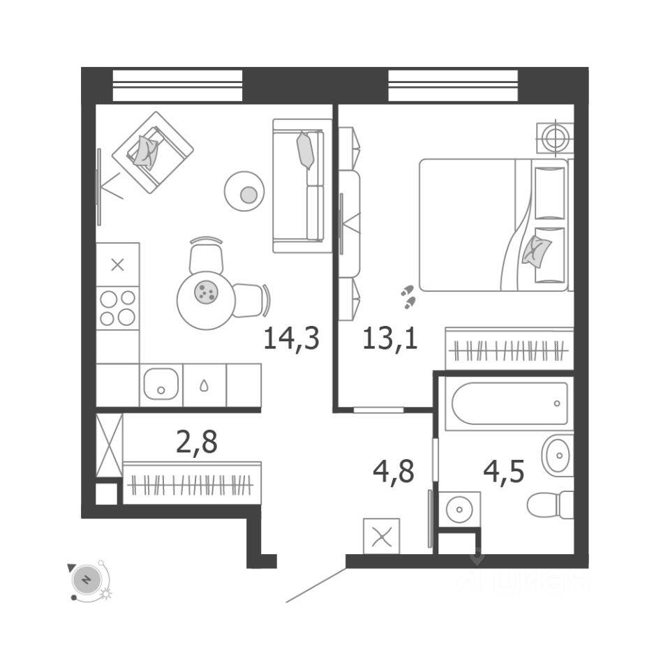 Планировка 1 комнатной квартиры, 39.5 м², в «Жилой квартал Shagal»