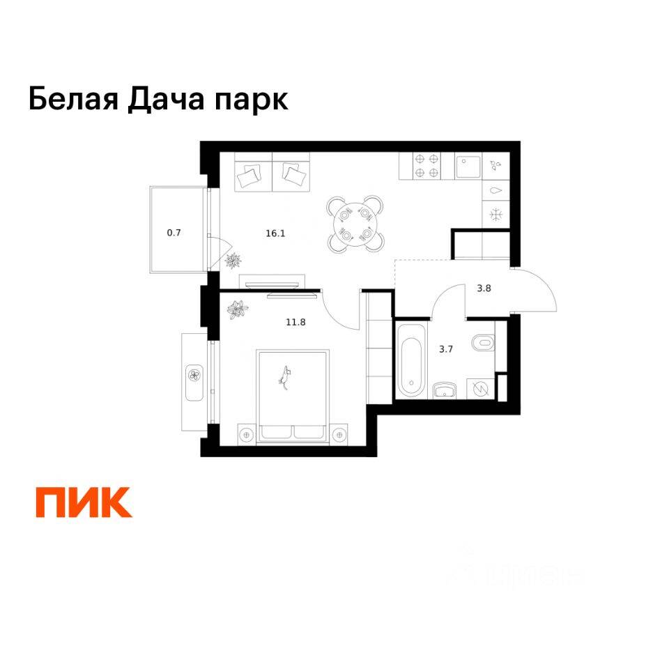 1-комн. квартира, 36,1 м², в ЖК «Белая Дача парк»