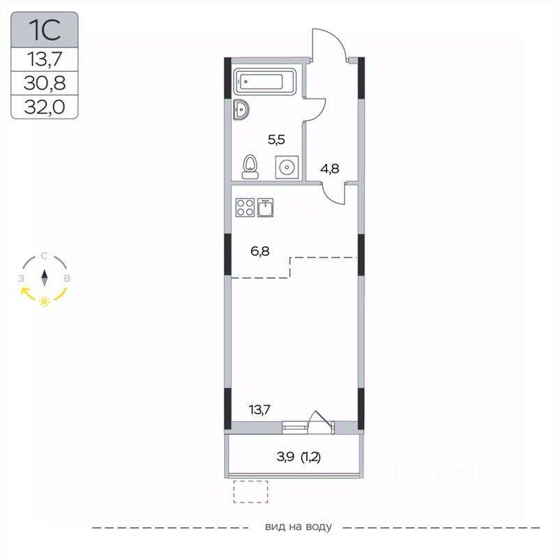 Квартира-студия, 32 м², в ЖК «Пироговская Ривьера»