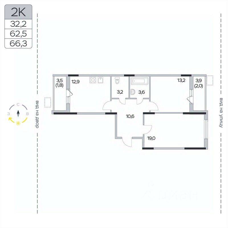 2-комн. квартира, 66,3 м², в ЖК «Пироговская Ривьера»