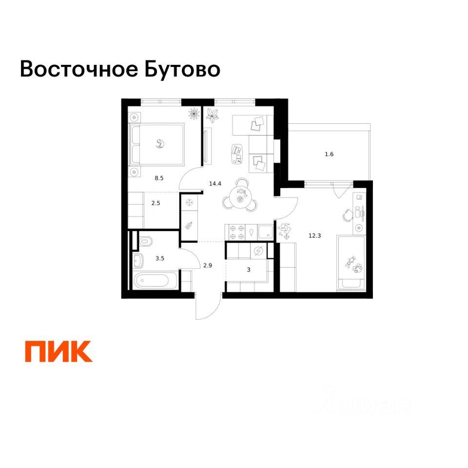 2-комн. квартира, 48,7 м², в ЖК «Восточное Бутово»