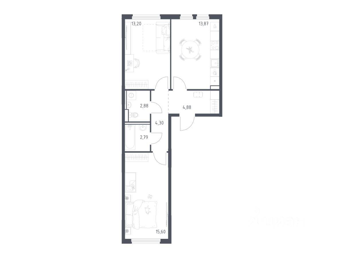 2-комн. квартира, 57,52 м², в ЖК «Пригород Лесное»