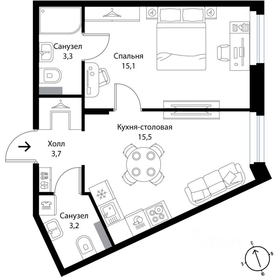 1-комн. квартира, 40,8 м², в Малоэтажный ЖК Экография