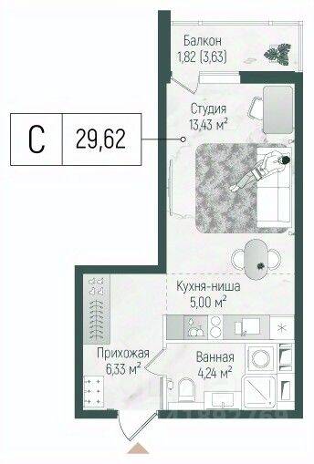 Квартира-студия, 31,44 м², в ЖК Riga Hills