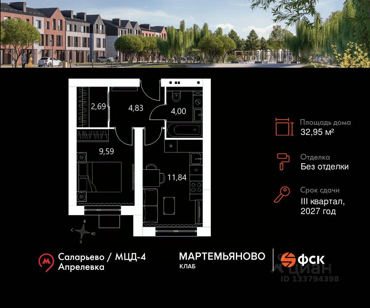 Планировка 1 комнатной квартиры, 32.95 м², в «Мартемьяново Клаб»
