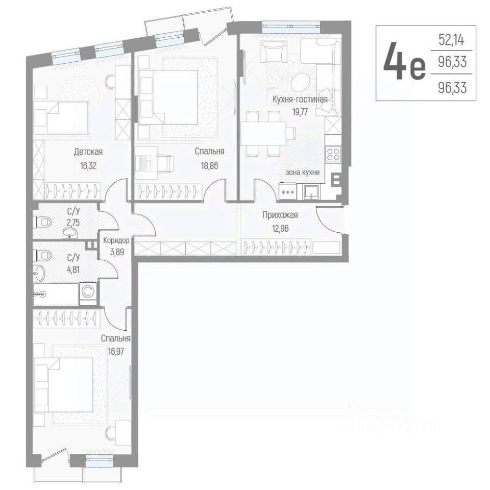 3-комн. квартира, 96,5 м², в Малоэтажный ЖК Эльйон