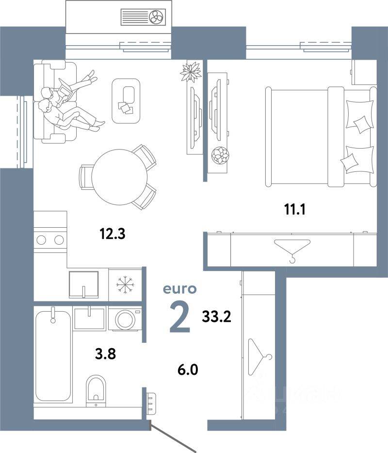 Планировка 2 комнатной квартиры, 33.2 м², в «Страна.Заречная»