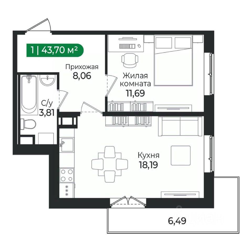 1-комн. квартира, 43,7 м², в ЖК Sertolovo Park