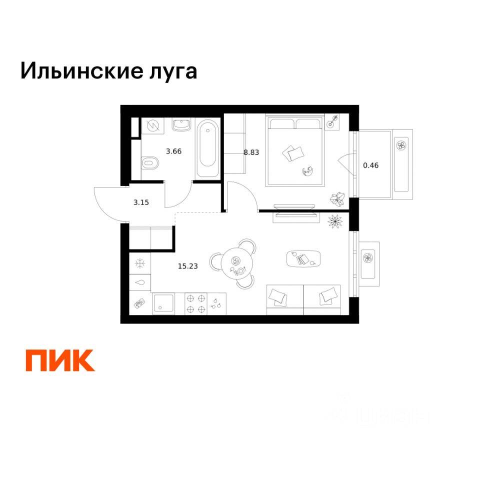 1-комн. квартира, 31,33 м², в ЖК «Ильинские луга»