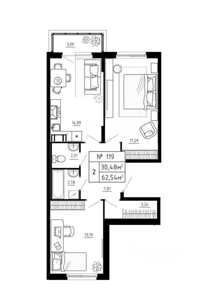 2-комн. квартира, 62,54 м², в Малоэтажный ЖК Аннино Сити