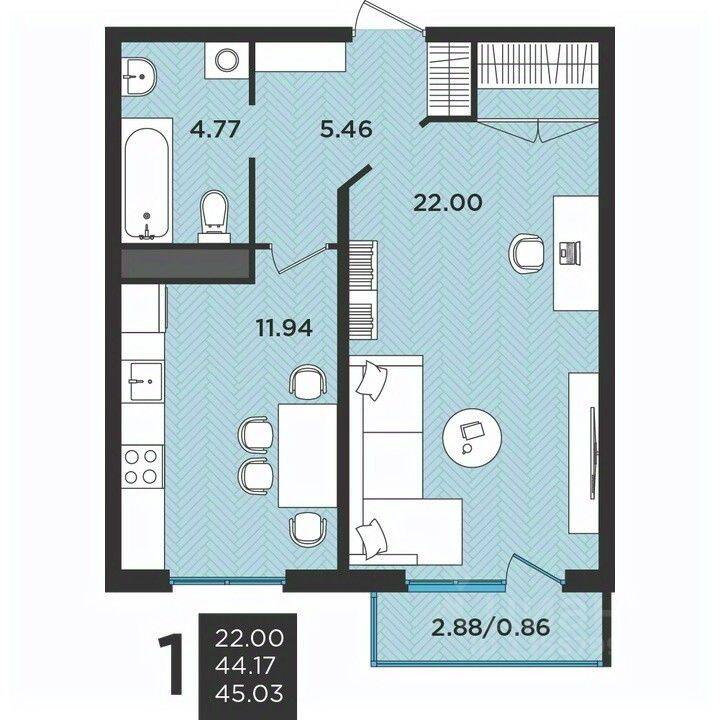 Планировка 1 комнатной квартиры, 44.6 м², в «Новокасимово»