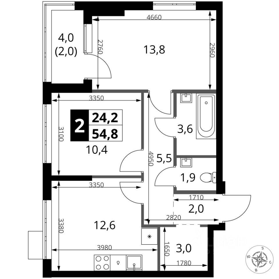 2-комн. квартира, 54,8 м², в ЖК 1-й Ясеневский