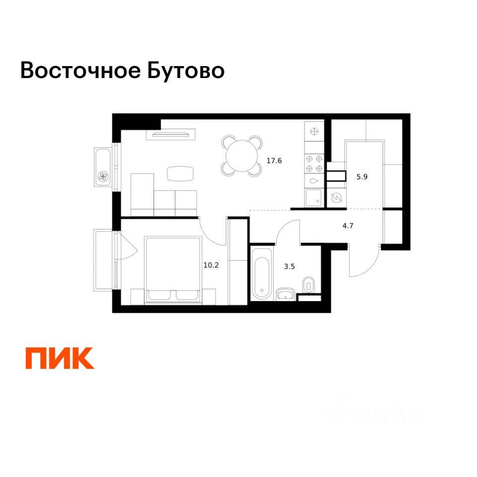 1-комн. квартира, 41,9 м², в ЖК «Восточное Бутово»