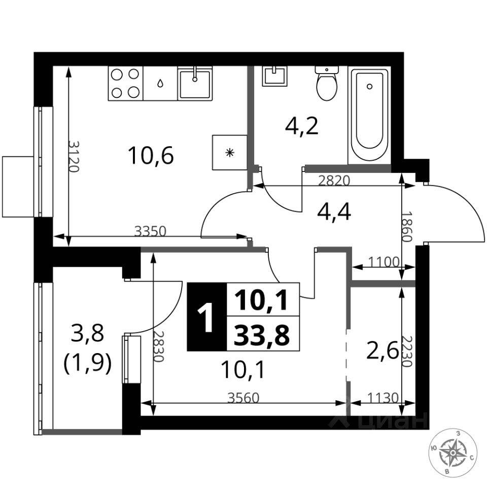 1-комн. квартира, 33,8 м², в ЖК 1-й Ясеневский