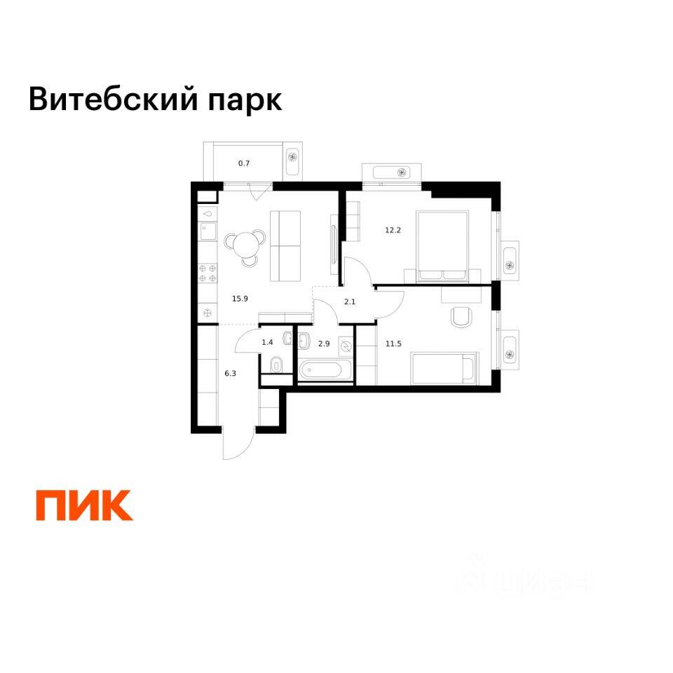 2-комн. квартира, 53 м², в ЖК Витебский парк