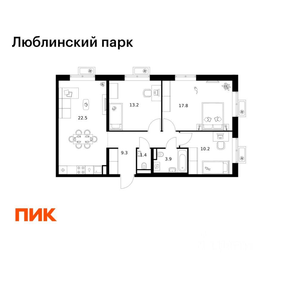 3-комн. квартира, 78,3 м², в ЖК «Люблинский парк»