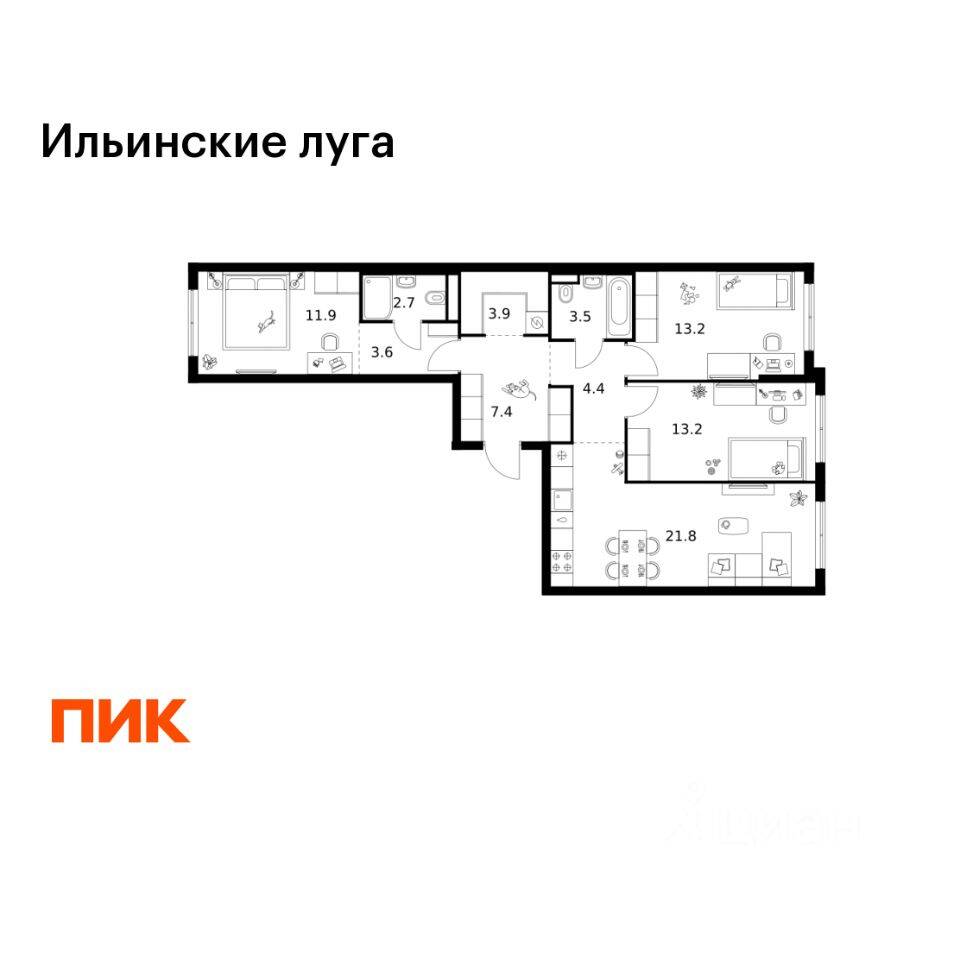3-комн. квартира, 85,6 м², в ЖК «Ильинские луга»
