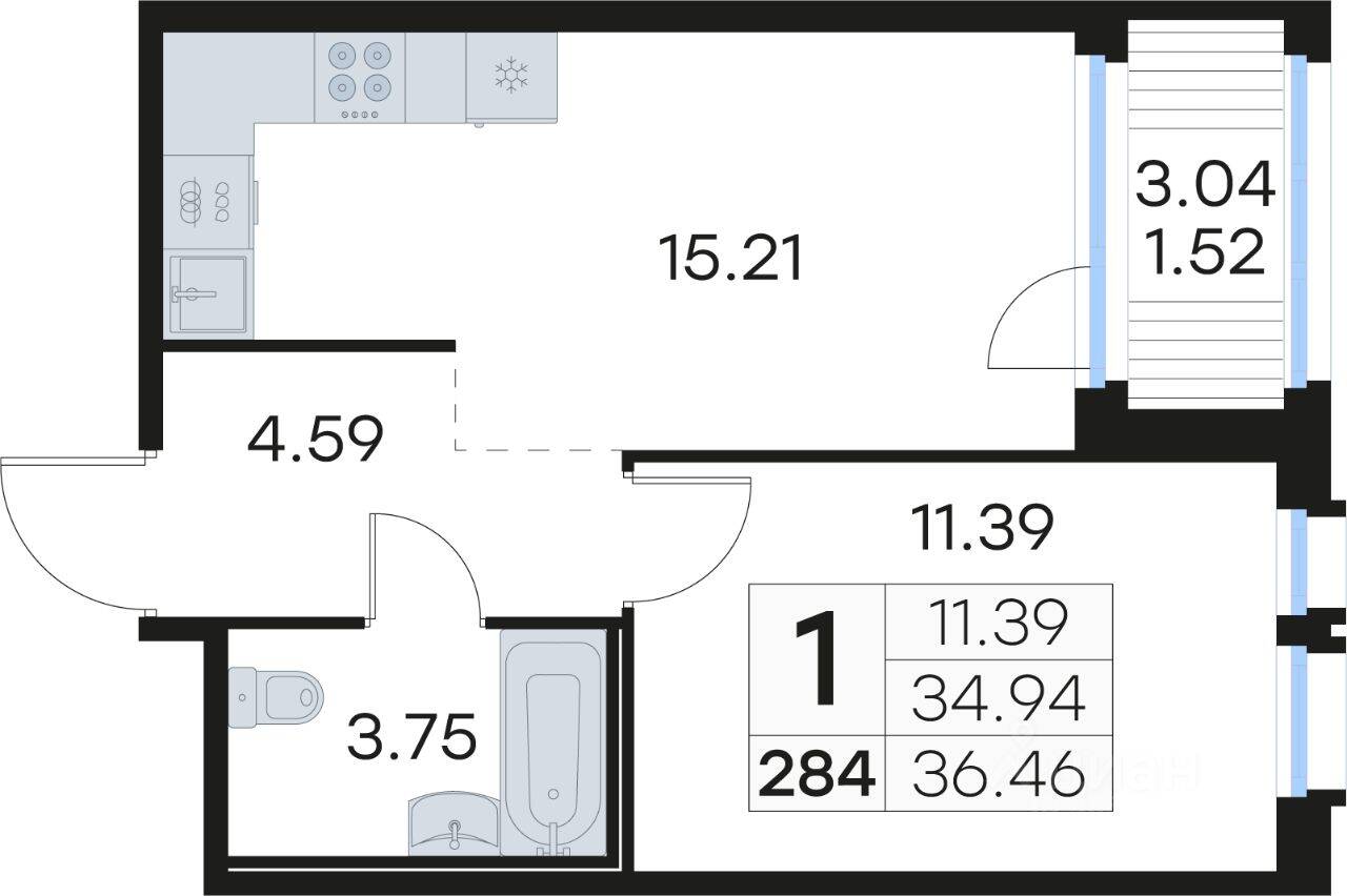 1-комн. квартира, 36,6 м², в ЖК GloraX Парголово