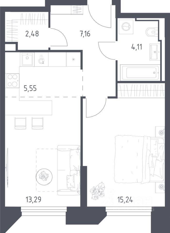 Планировка 1 комнатной квартиры, 47.83 м², в «Sky Sputnik»