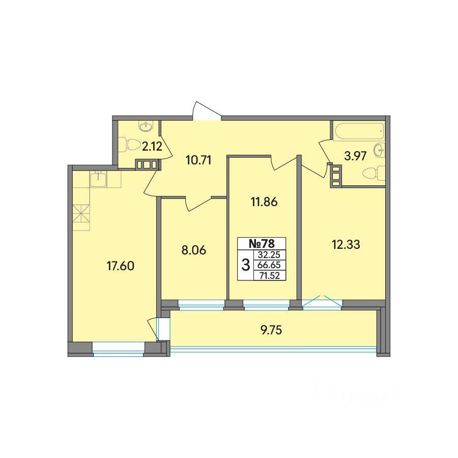 3-комн. квартира, 71,52 м², в ЖК Рождественский квартал