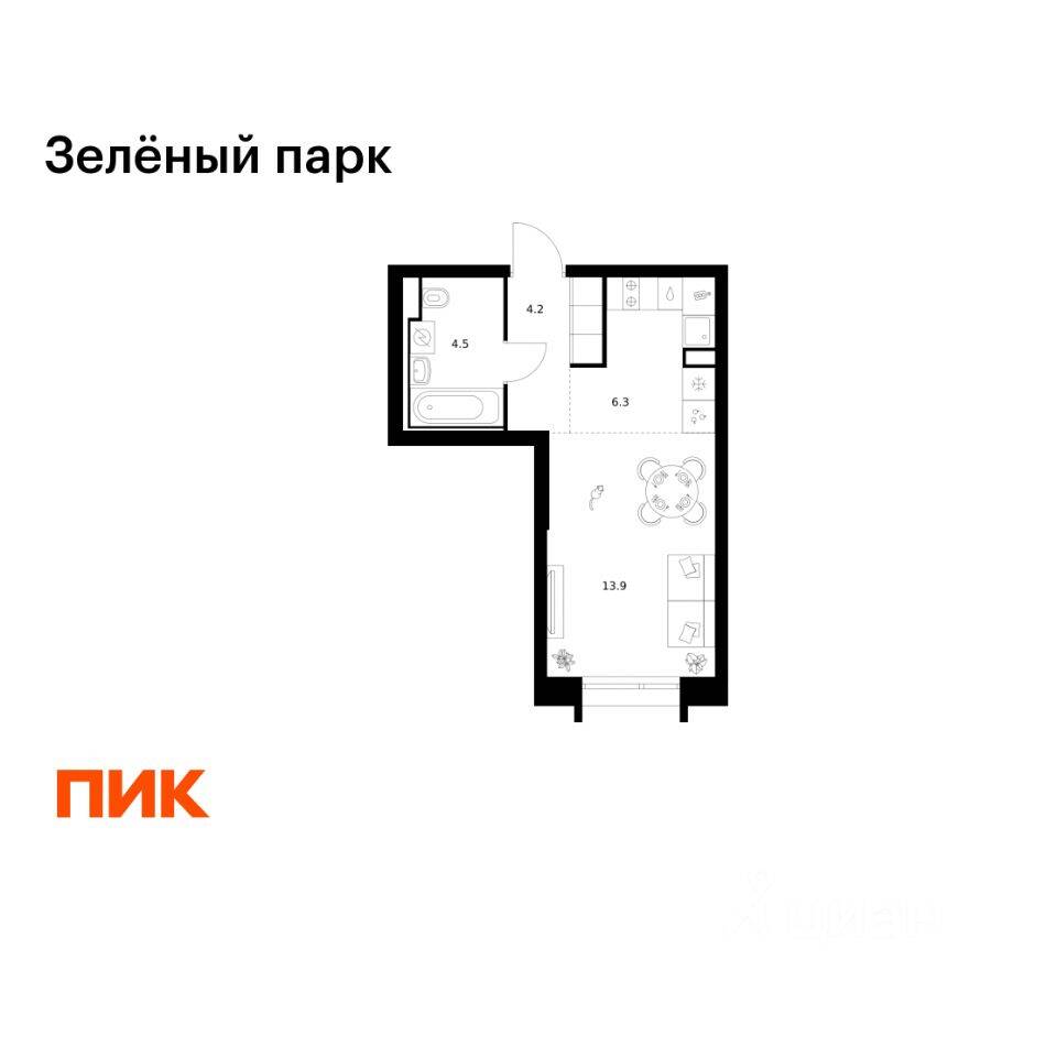 Квартира-студия, 28,9 м², в ЖК Зеленый парк