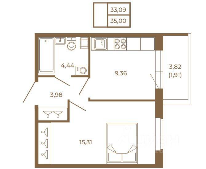 Планировка 1 комнатной квартиры, 35 м², в «Новая история»