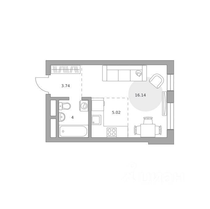 Планировка 1 комнатной квартиры, 28.9 м², в «Живописный»