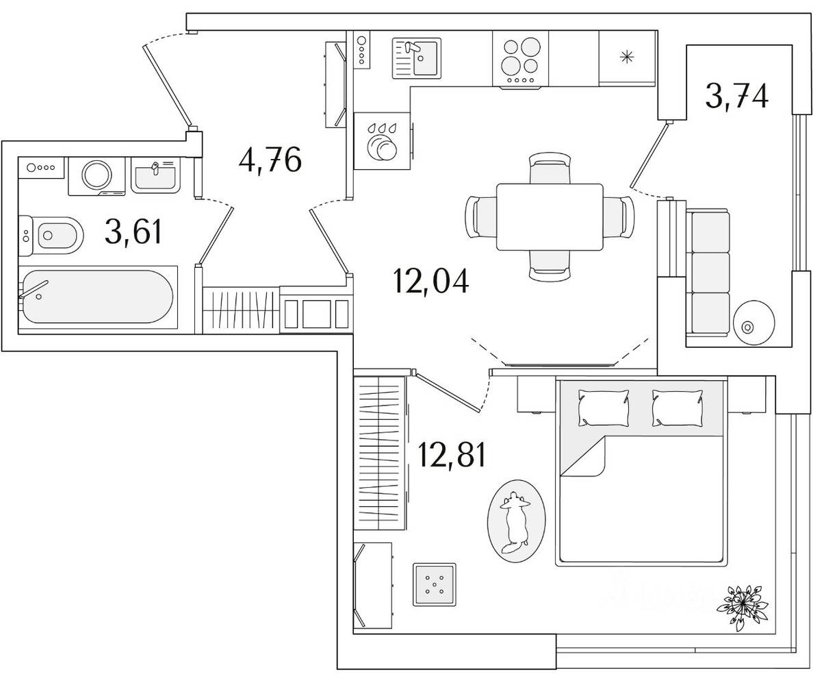 1-комн. квартира, 35,09 м², в ЖК «Гранат»